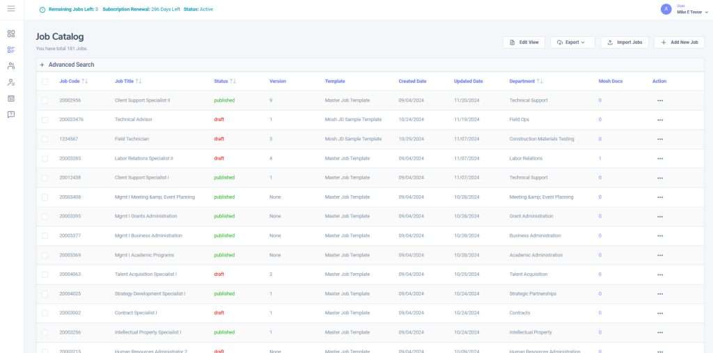Screenshot of Mosh JD job inventory