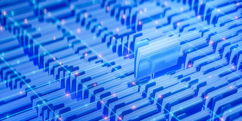 Illustration of multiple blue folders with one sticking out above the others