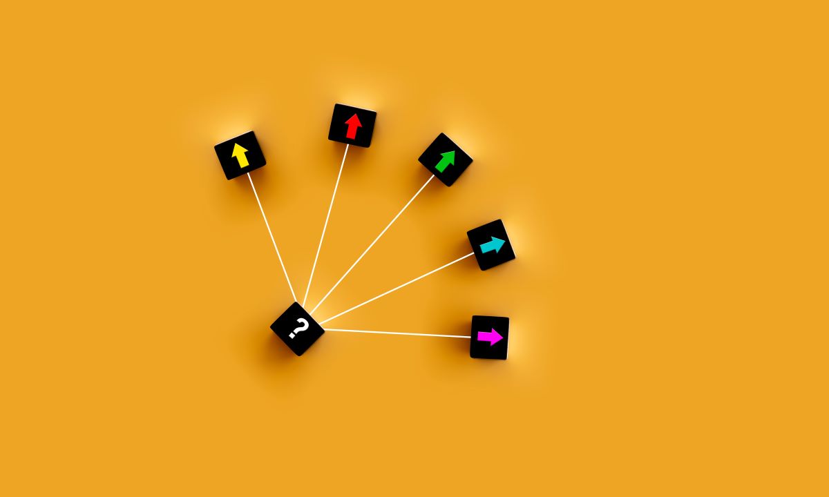 Central black cube with a question mark connected by white lines to six cubes, each with a colored arrow, illustrating choices or branching options on an orange background.