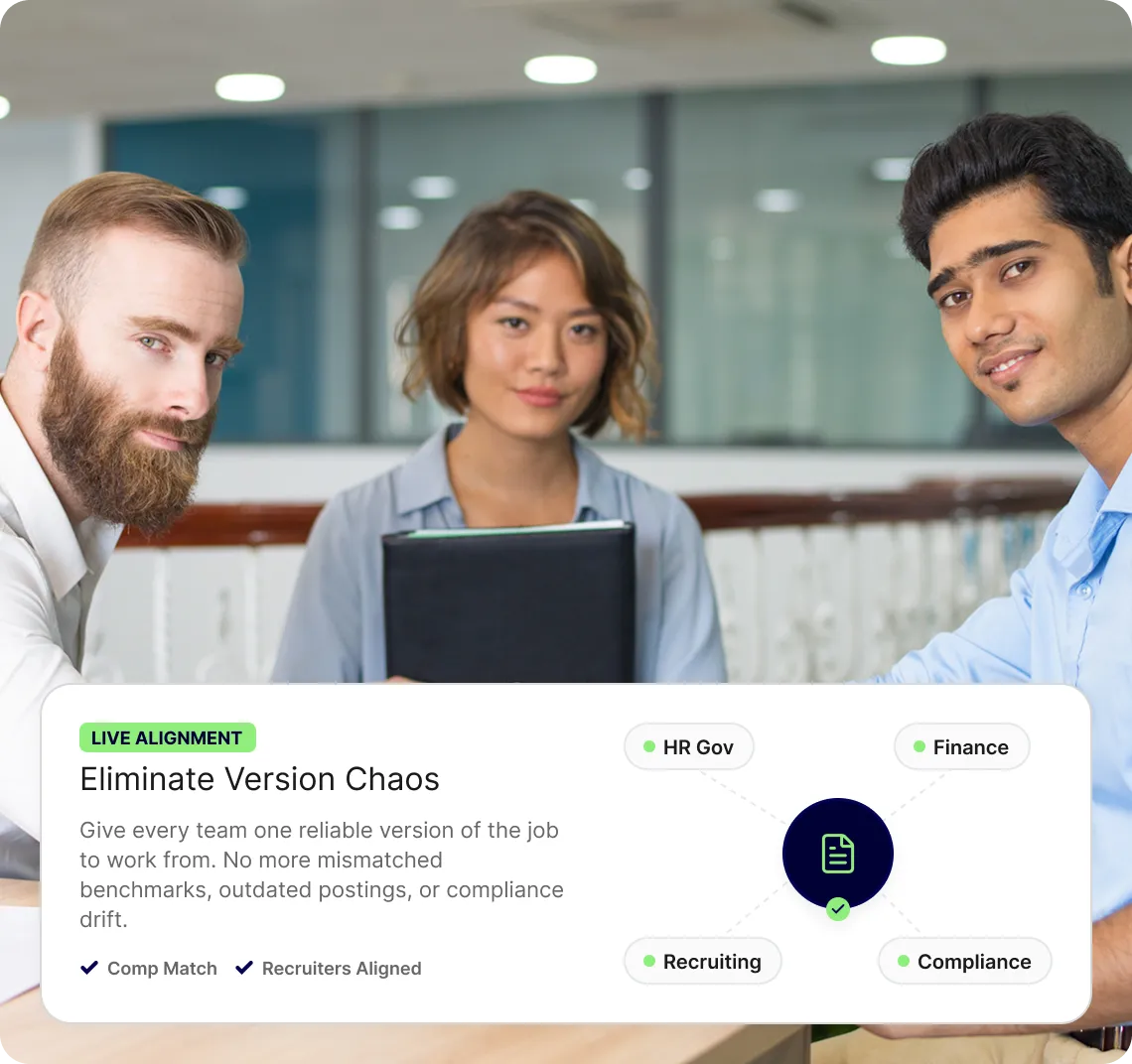 A diverse team of professionals collaborating in an office behind a "Live Alignment" dashboard