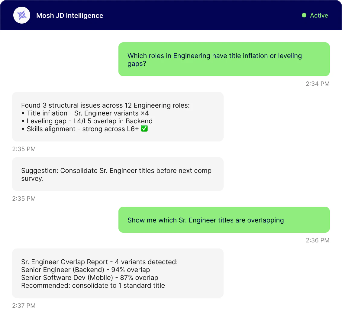 Screenshot of Mosh JD Intelligence chat interface discussing engineering