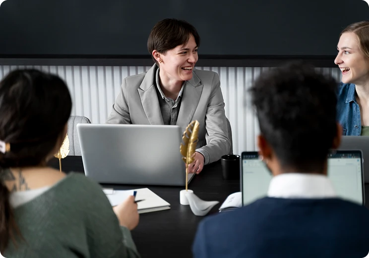 Team conversation and smiling
