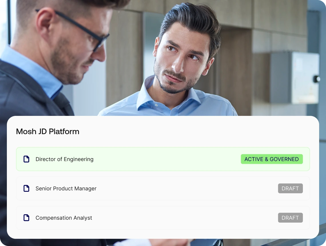 Mosh JD Platform interface displaying active and draft role statuses.